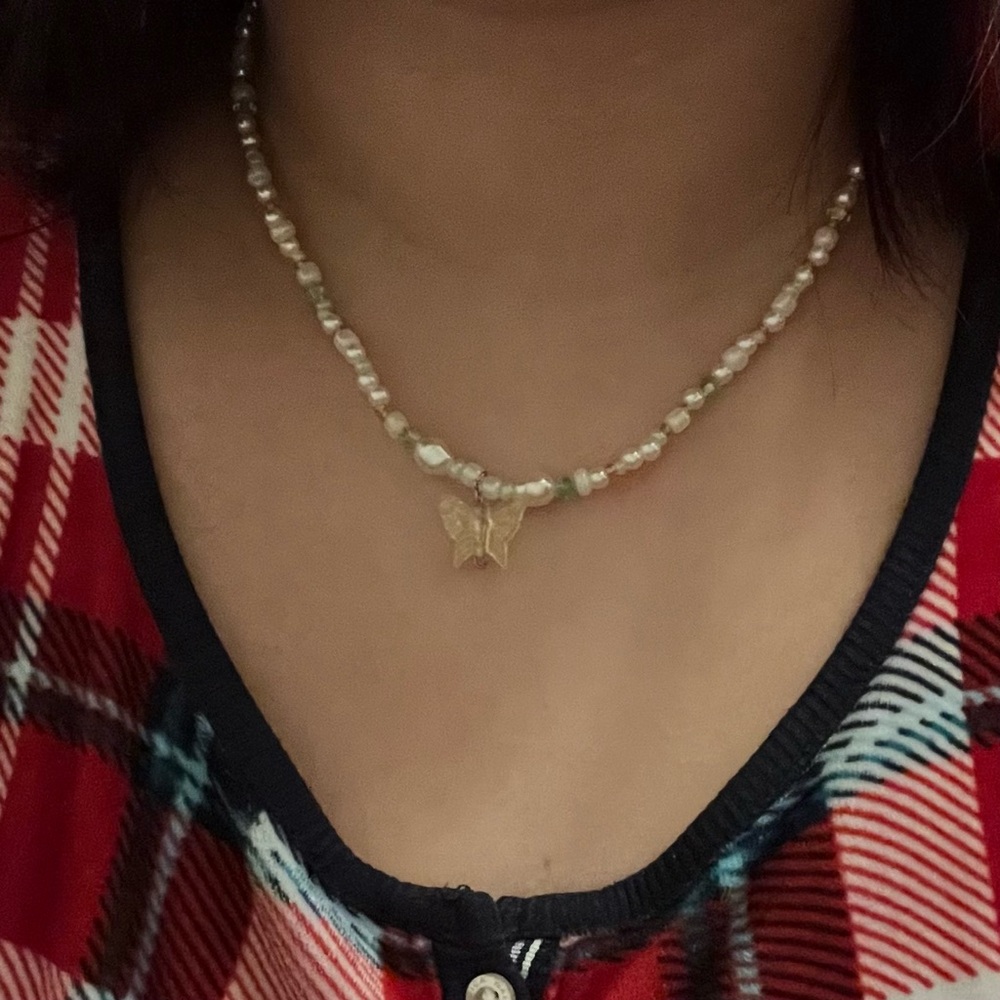 Green and White Pearl Butterfly Necklace